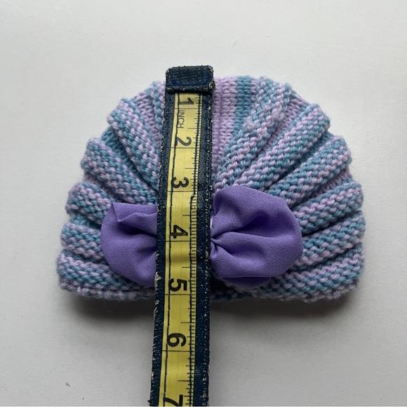 Purple and Blue Knitted Baby Hat with Bow - Picture 4 of 6